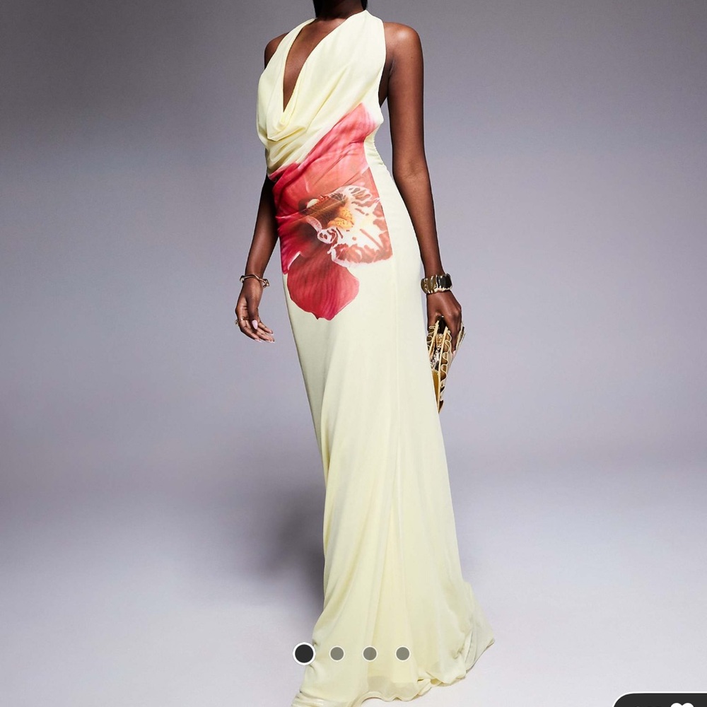 ASOS DESIGN plunge halter maxi dress yellow pink floral